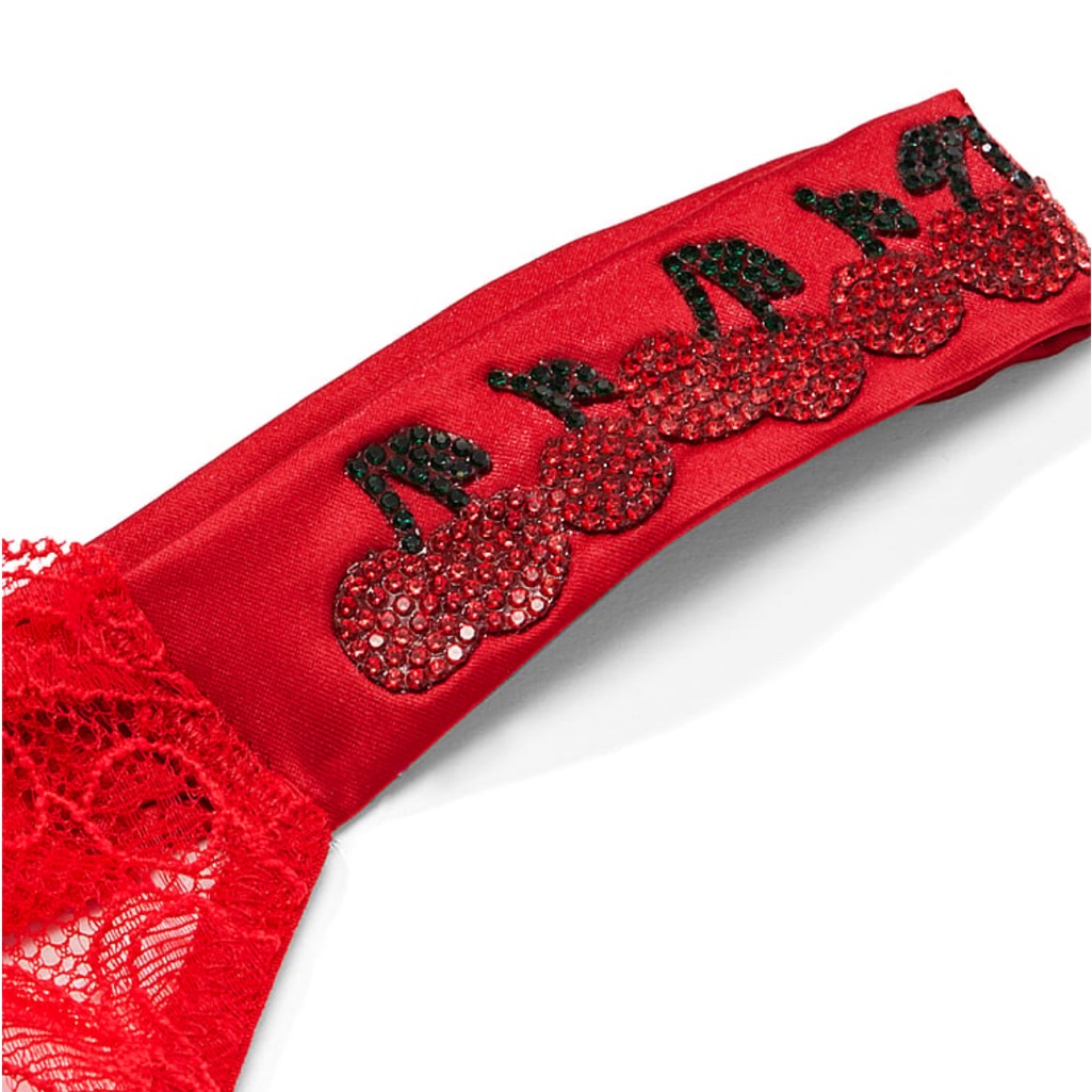 Victoria's Secret Cherry Crotchless Shine Strap Lace Brazilian Panty Cherry Red
